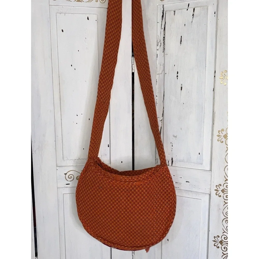 Vintage Embroidered Elephant Print Orange Sling Bag Purse Tassels, Mirror Dots